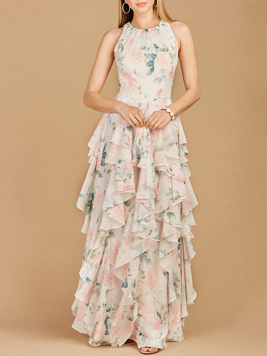 High Neck, Ruffled Skirt Printed Dress - OUTLET - JUSTLUXURY