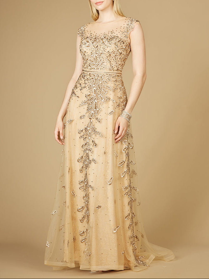 Inspired Lace Gown with Cap Sleeves - JUSTLUXURY