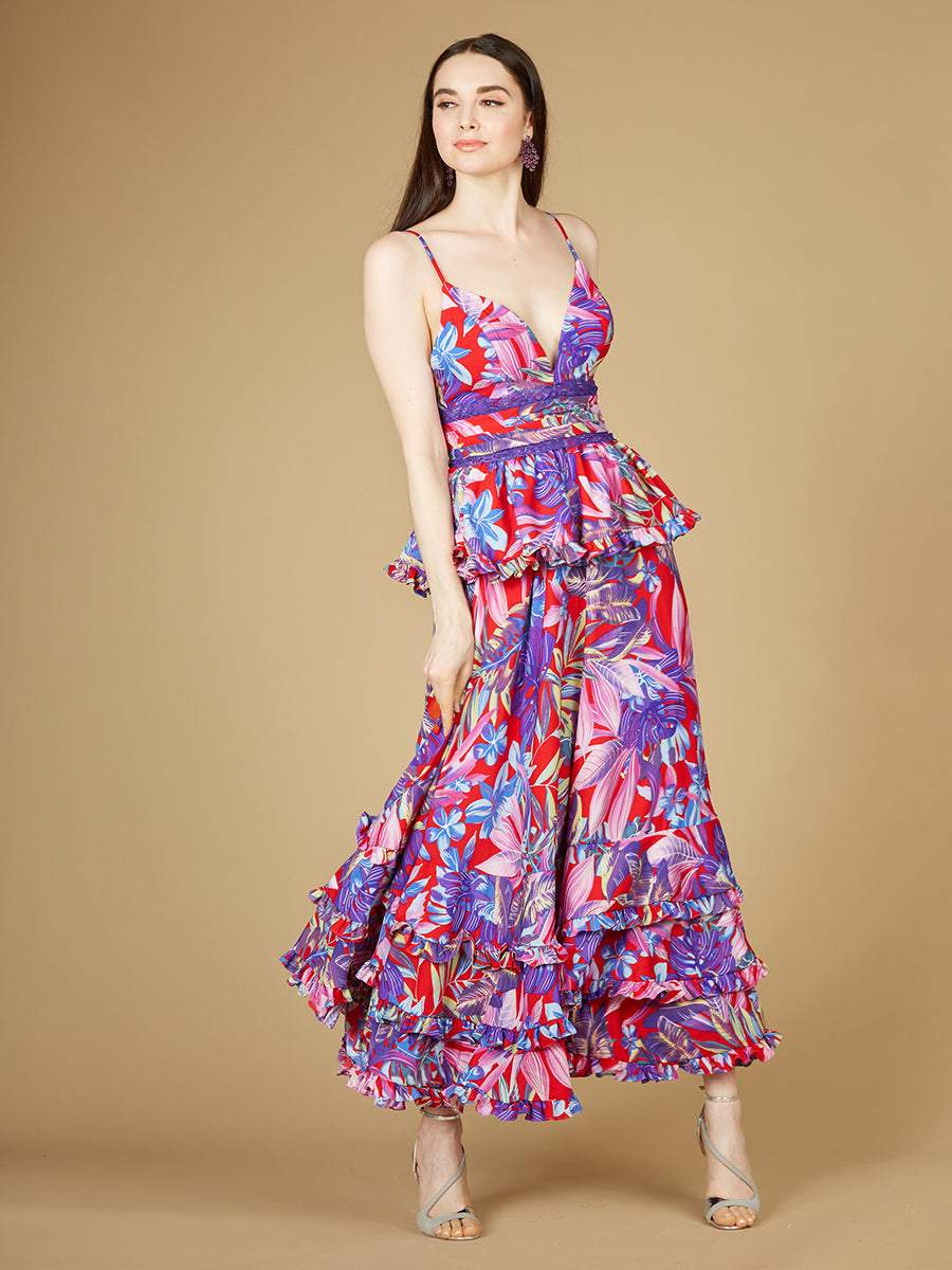 Ruffle Skirt Printed Gown - OUTLET - JUSTLUXURY