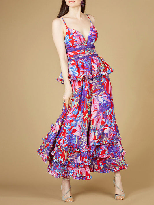 Ruffle Skirt Printed Gown - OUTLET - JUSTLUXURY