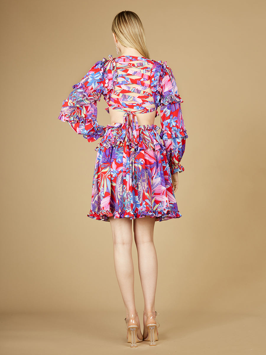 Long Sleeve Print Cocktail Short with Lace Up Back and Cutouts - OUTLET - JUSTLUXURY