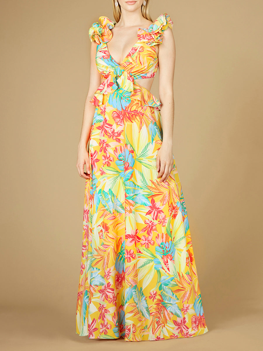 V-Neck Long Print Gown with Ruffled Straps - OUTLET - JUSTLUXURY