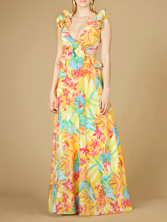 V-Neck Long Print Gown with Ruffled Straps - OUTLET - JUSTLUXURY