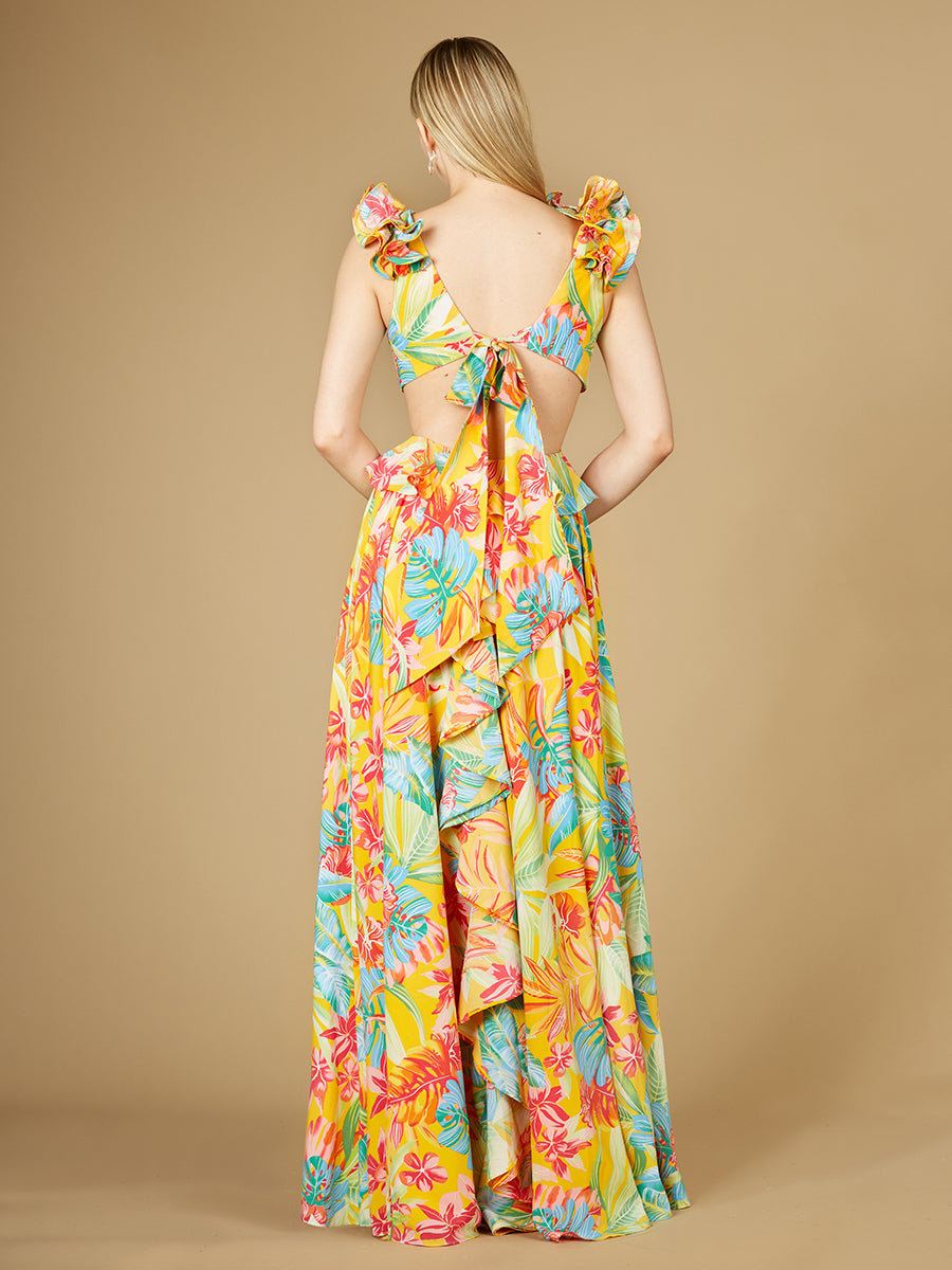 V-Neck Long Print Gown with Ruffled Straps - OUTLET - JUSTLUXURY