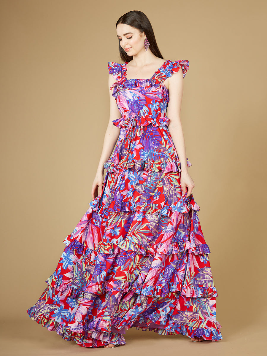 Printed Gown with Ruffle Skirt - OUTLET - JUSTLUXURY