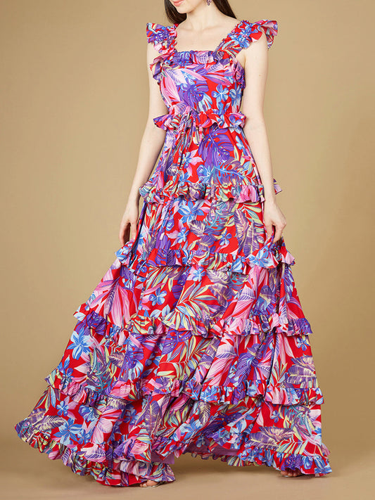 Printed Gown with Ruffle Skirt - OUTLET - JUSTLUXURY