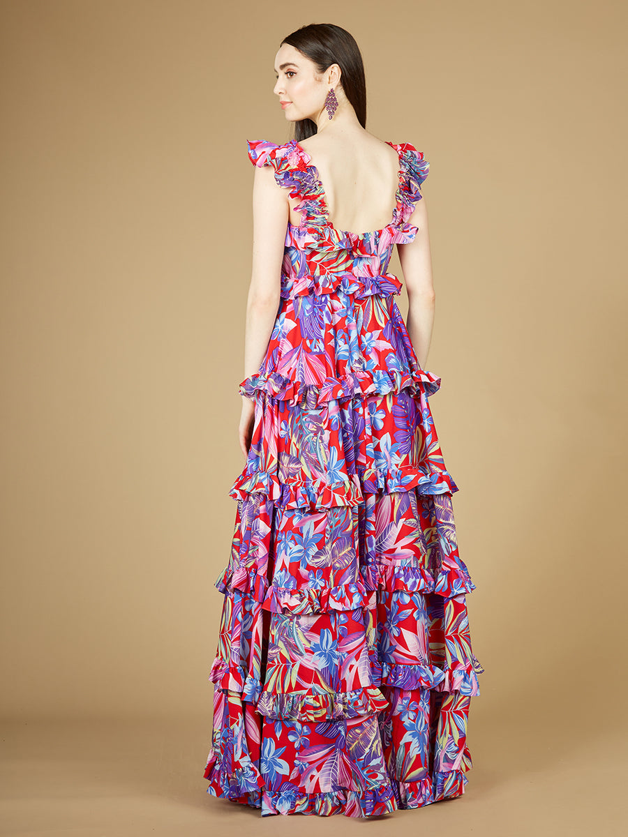 Printed Gown with Ruffle Skirt - OUTLET - JUSTLUXURY