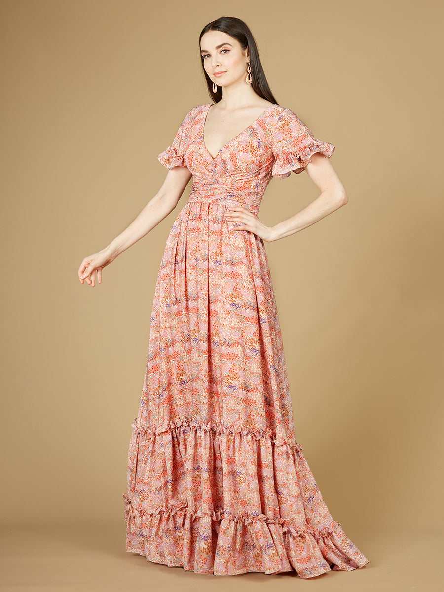 Long Print Gown with Cap Sleeves - OUTLET - JUSTLUXURY