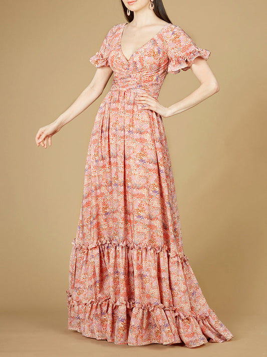 Long Print Gown with Cap Sleeves - OUTLET - JUSTLUXURY