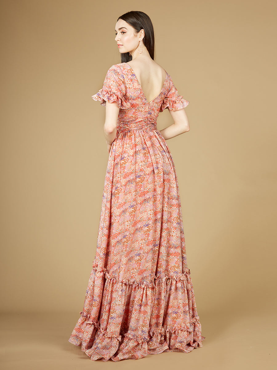 Long Print Gown with Cap Sleeves - OUTLET - JUSTLUXURY