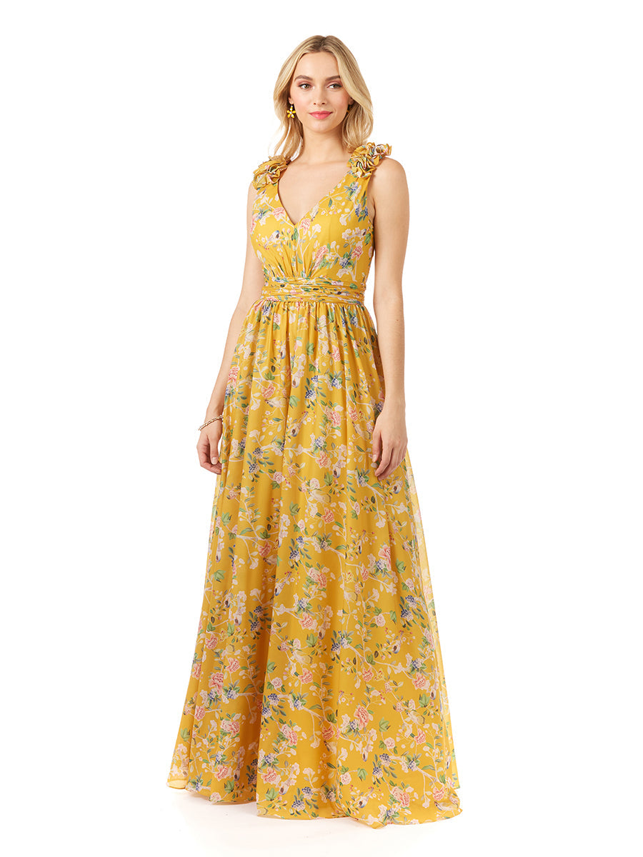 V-Neck Long Print Gown with Straps - JUSTLUXURY