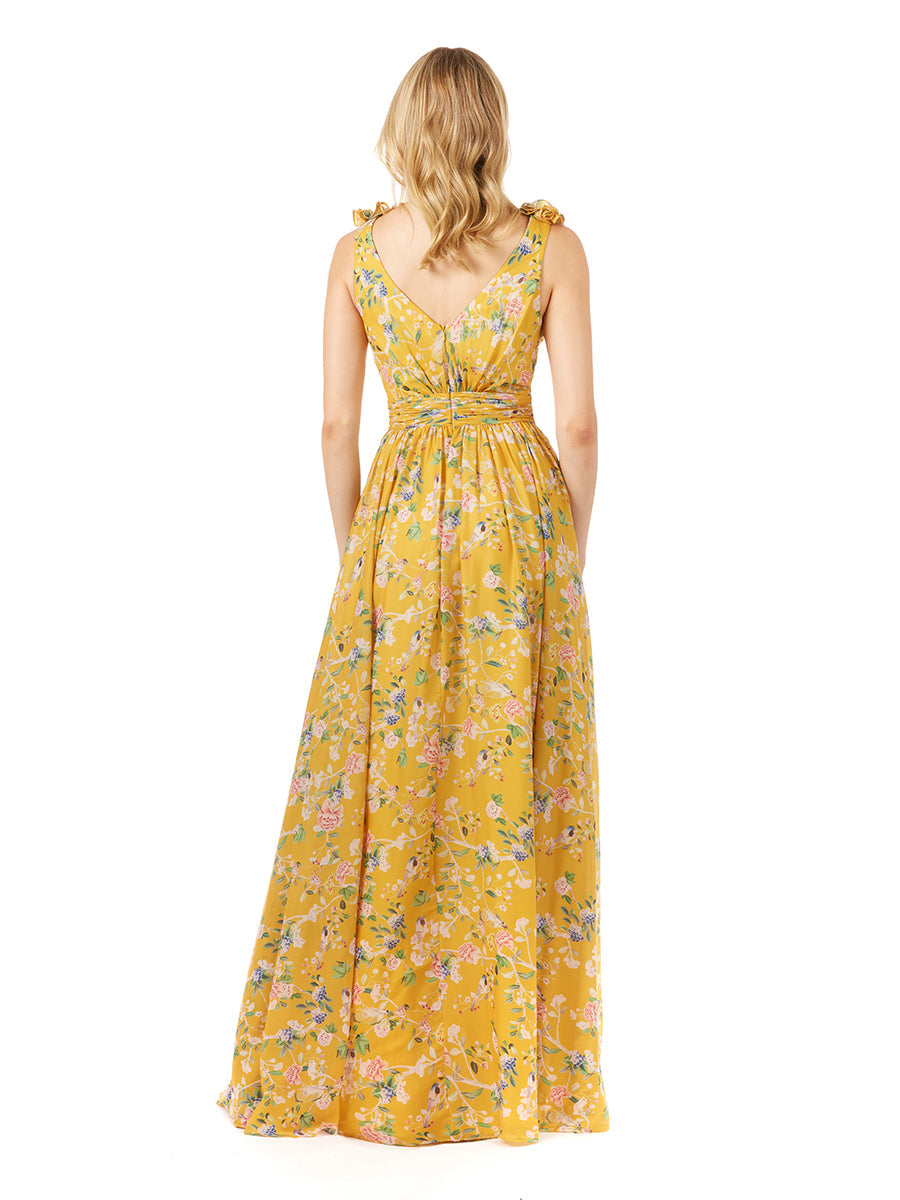V-Neck Long Print Gown with Straps - JUSTLUXURY