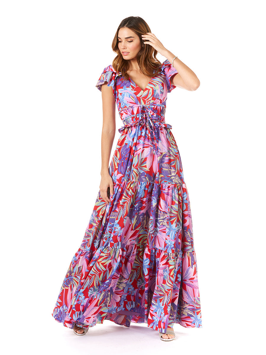 V-Neck Long Print Gown with Cap Sleeves - OUTLET - JUSTLUXURY