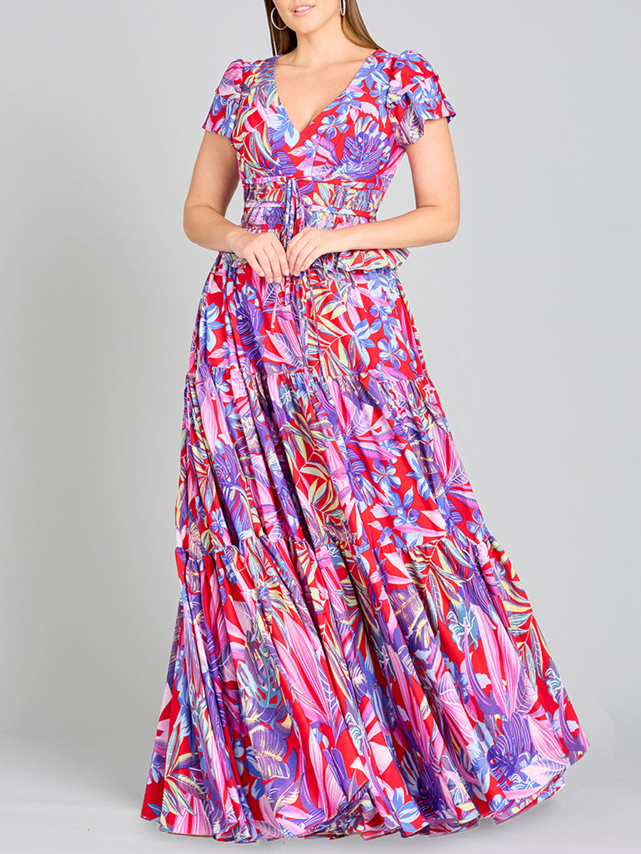 V-Neck Long Print Gown with Cap Sleeves - OUTLET - JUSTLUXURY