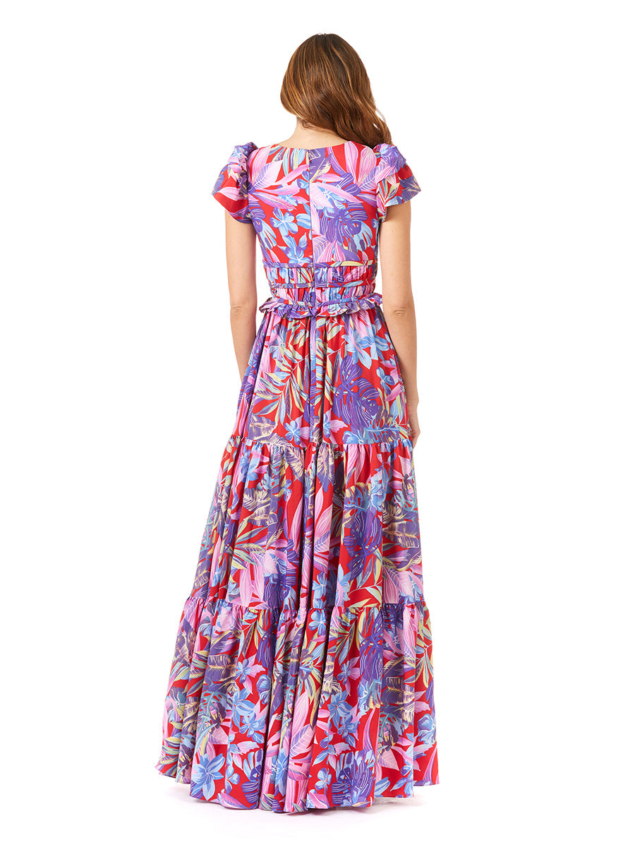 V-Neck Long Print Gown with Cap Sleeves - OUTLET - JUSTLUXURY