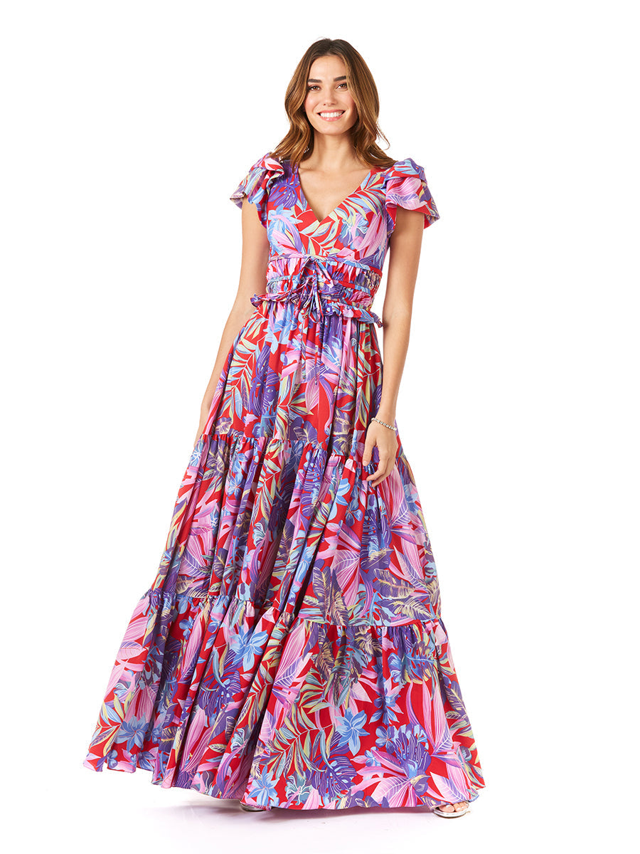 V-Neck Long Print Gown with Cap Sleeves - OUTLET - JUSTLUXURY