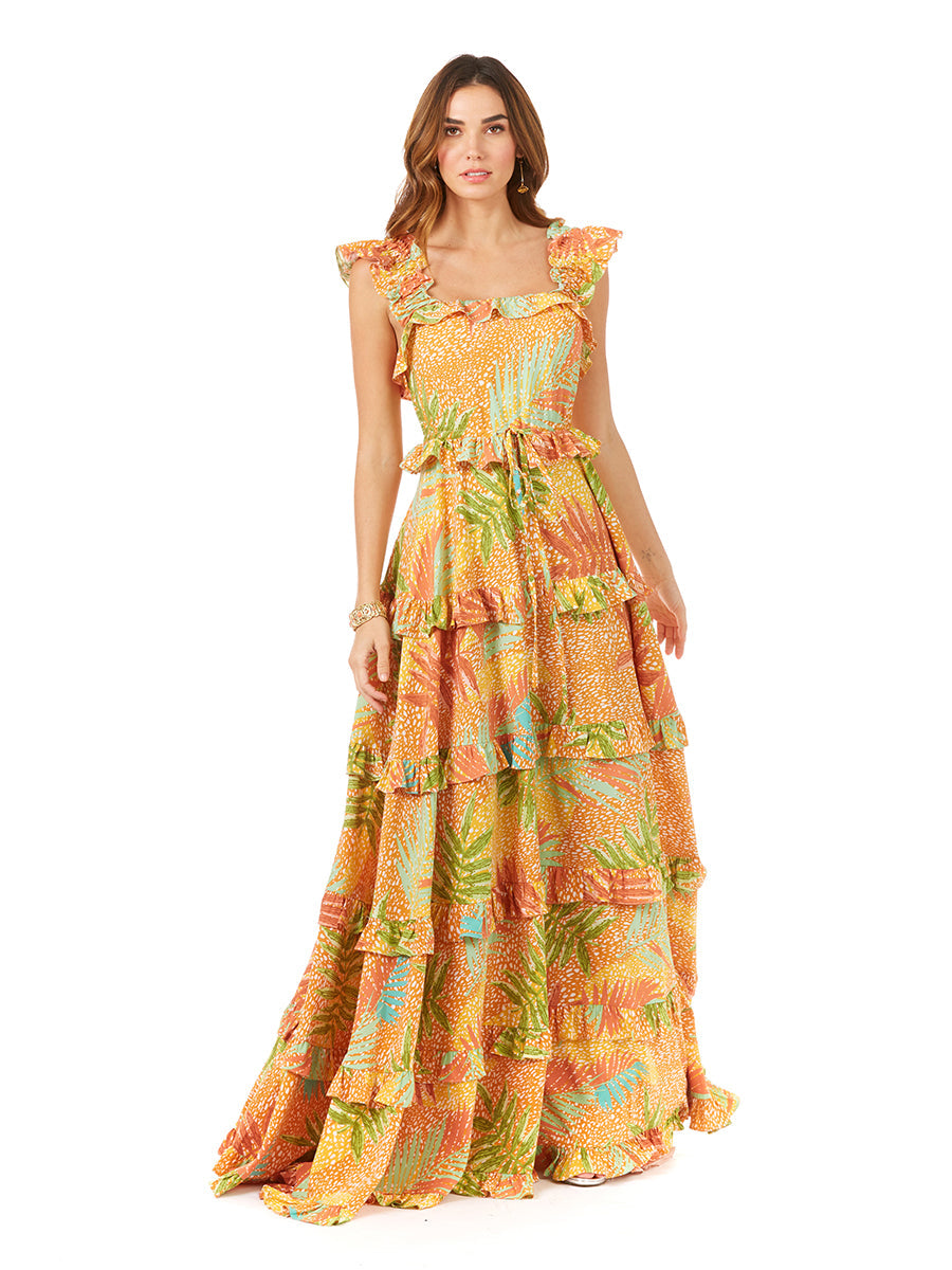 Ruffle Printed Gown with Straps OUTLET - JUSTLUXURY