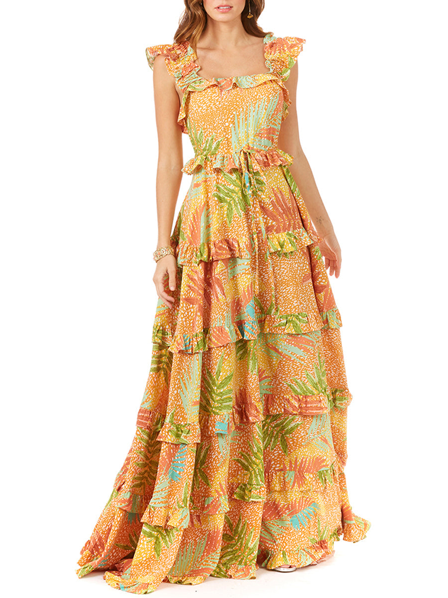 Ruffle Printed Gown with Straps OUTLET - JUSTLUXURY