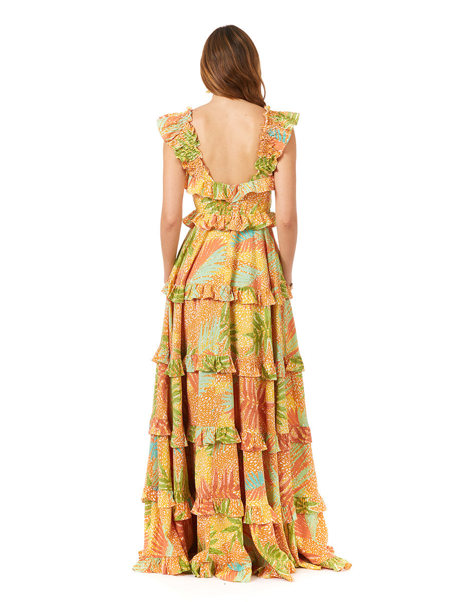 Ruffle Printed Gown with Straps OUTLET - JUSTLUXURY