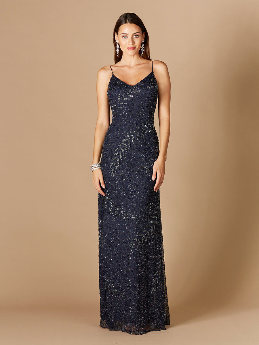 Beaded Spaghetti Strap Navy Full-Length Gown - JUSTLUXURY