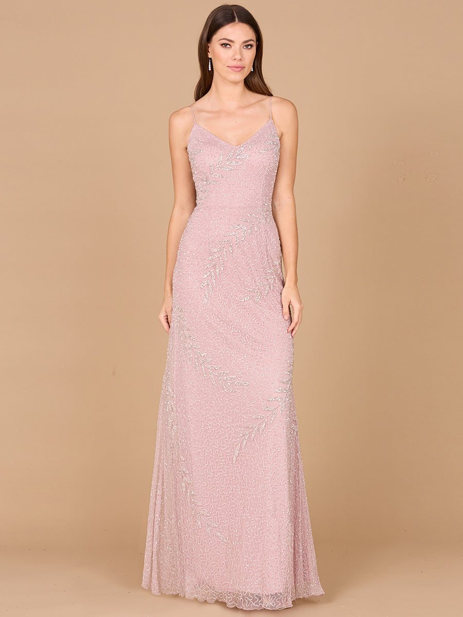 Beaded Spaghetti Strap Navy Full-Length Gown - JUSTLUXURY