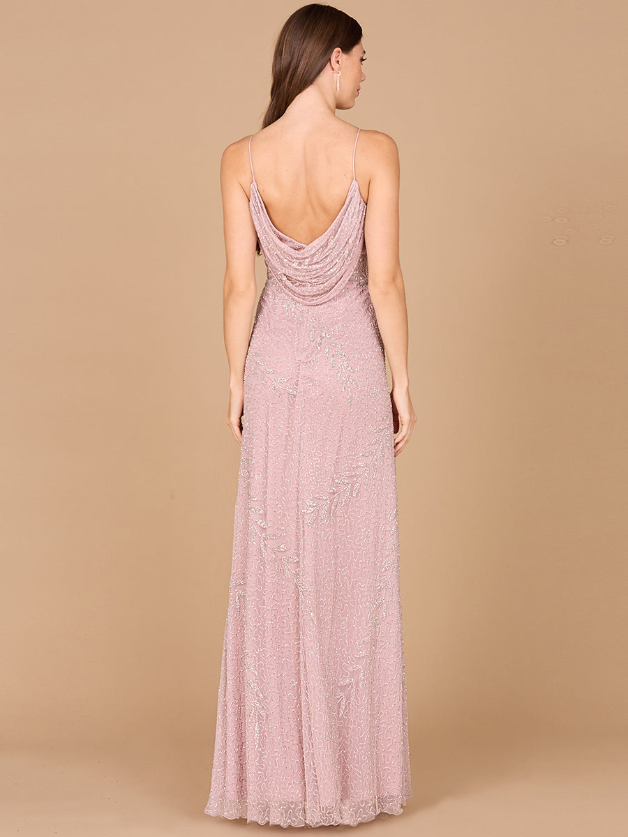 Beaded Spaghetti Strap Navy Full-Length Gown - JUSTLUXURY