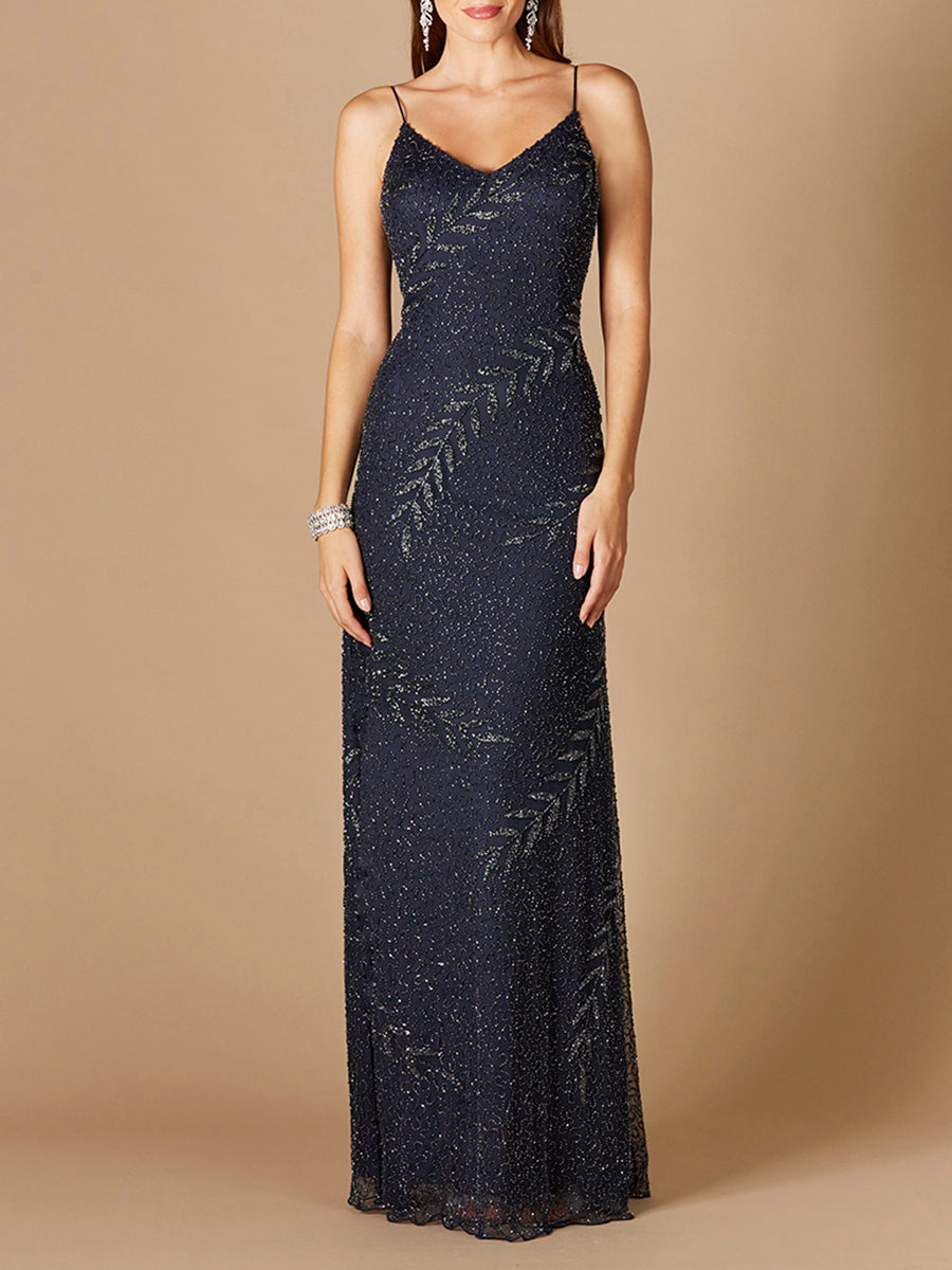 Beaded Spaghetti Strap Navy Full-Length Gown - JUSTLUXURY