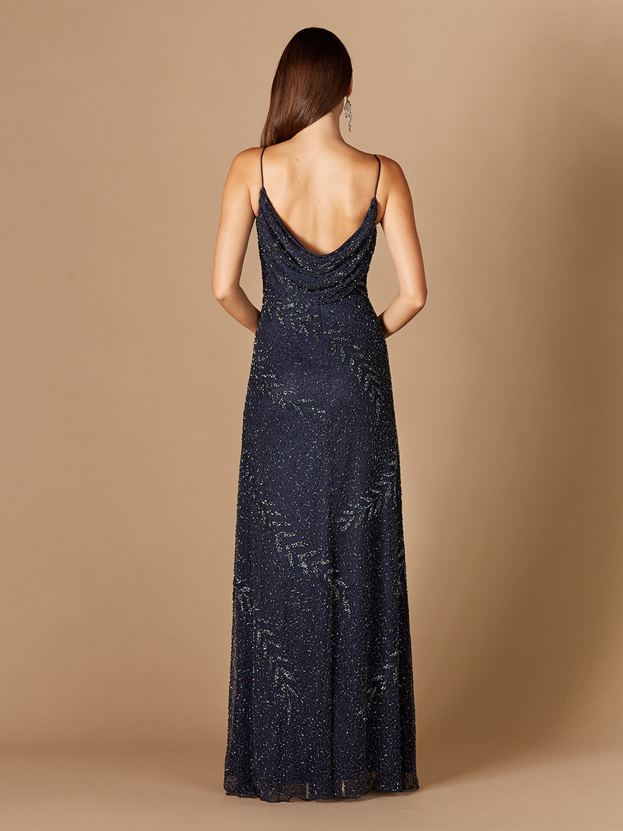 Beaded Spaghetti Strap Navy Full-Length Gown - JUSTLUXURY
