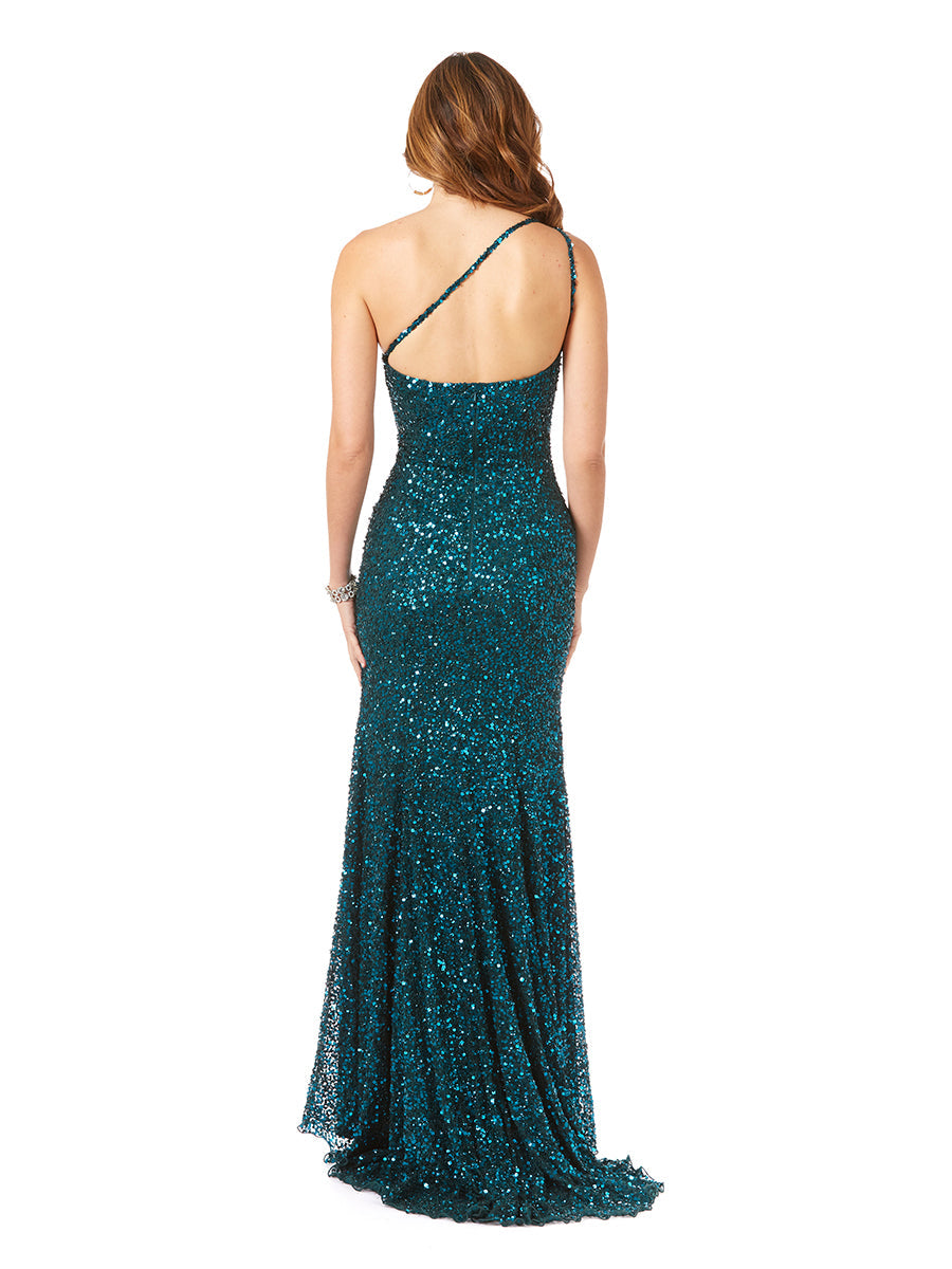 One-Shoulder Beaded Gown with Slit - JUSTLUXURY