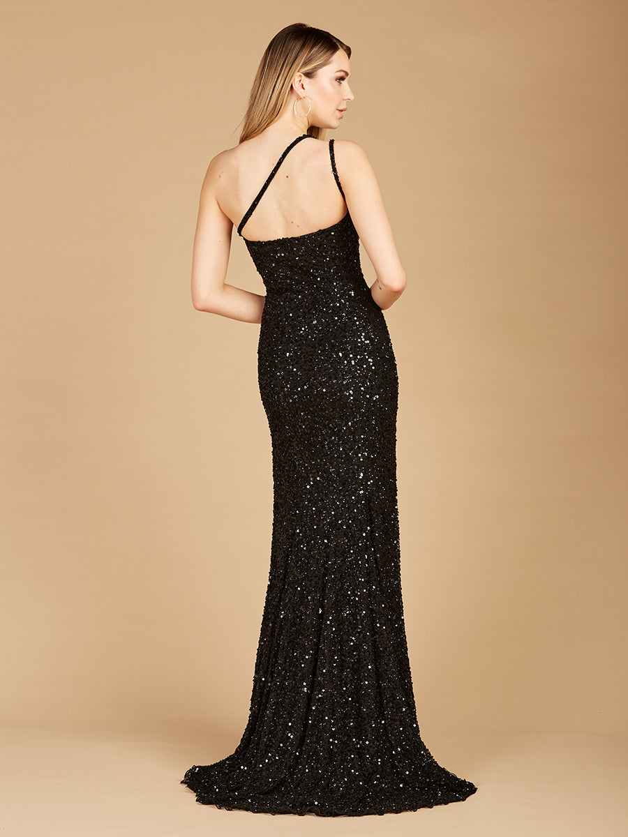 One-Shoulder Beaded Gown with Slit - JUSTLUXURY