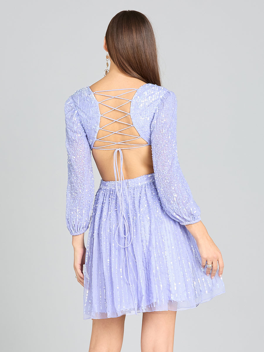 Long Sleeve Cut Out Dress with Lace Up Back - JUSTLUXURY