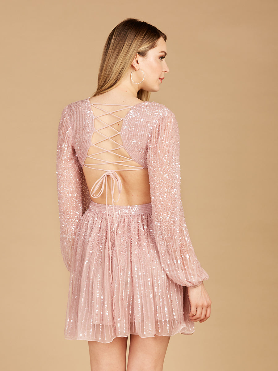 Long Sleeve Cut Out Dress with Lace Up Back - JUSTLUXURY