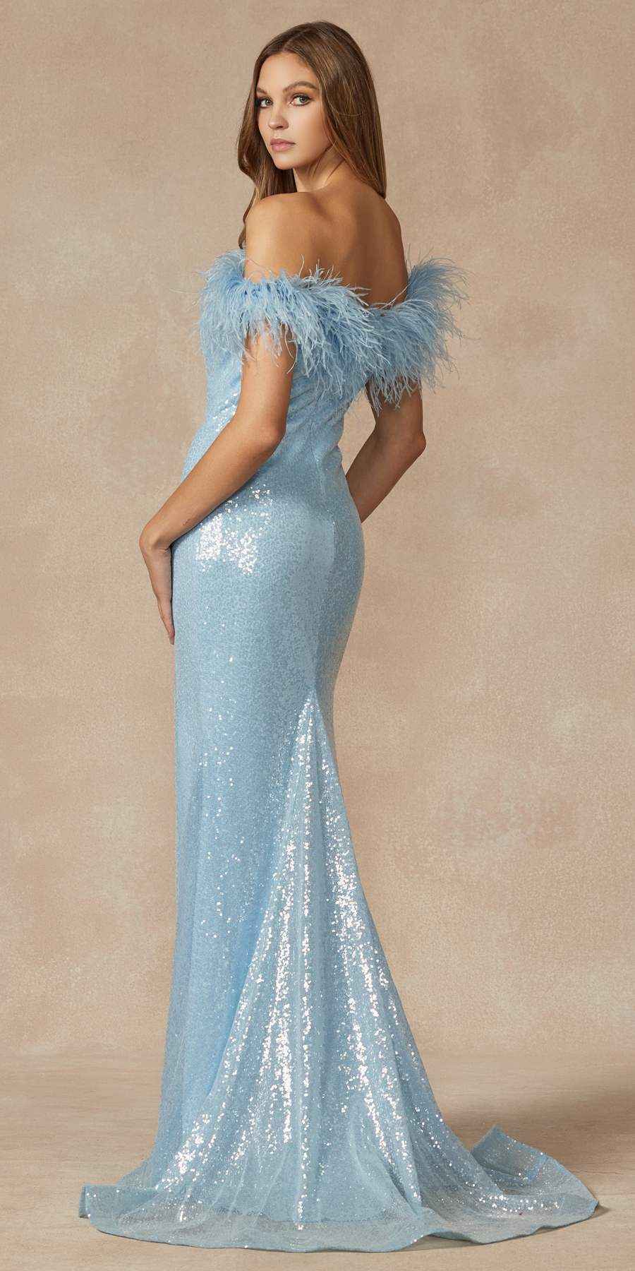 Juliet 292 Long Feather Neckline Off the Shoulder High Slit Prom Gown