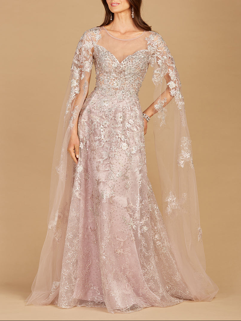 Lace Gown with Cape Sleeves, Sweetheart Neckline | 29300 - JUSTLUXURY