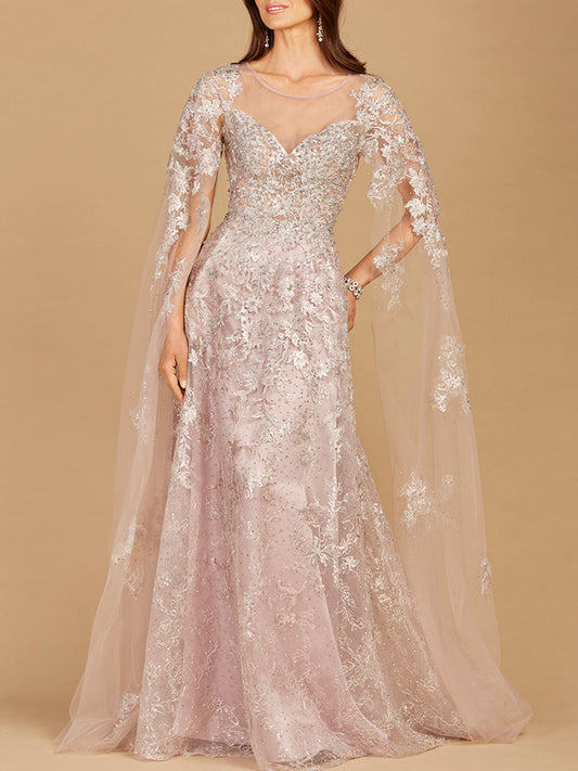 Lace Gown with Cape Sleeves, Sweetheart Neckline | 29300 - JUSTLUXURY
