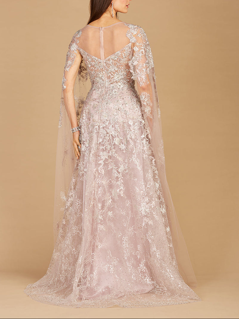 Lace Gown with Cape Sleeves, Sweetheart Neckline | 29300 - JUSTLUXURY