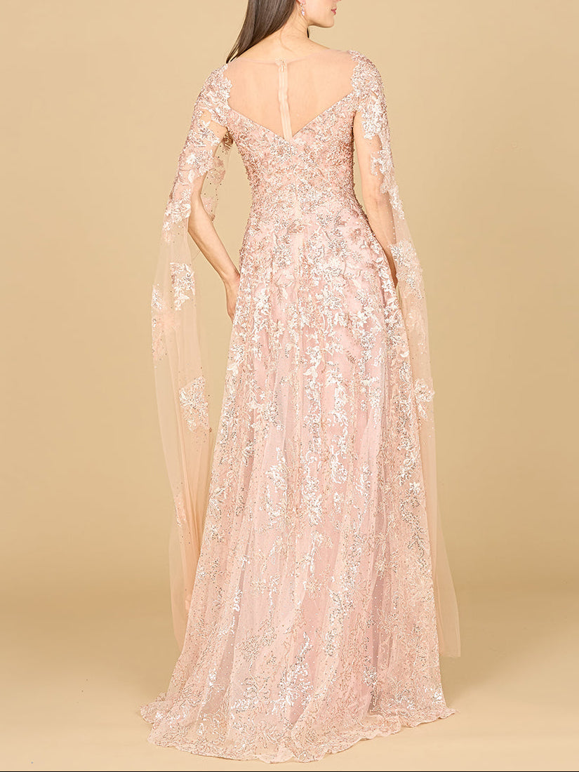 Lace Gown with Cape Sleeves, Sweetheart Neckline | 29300 - JUSTLUXURY
