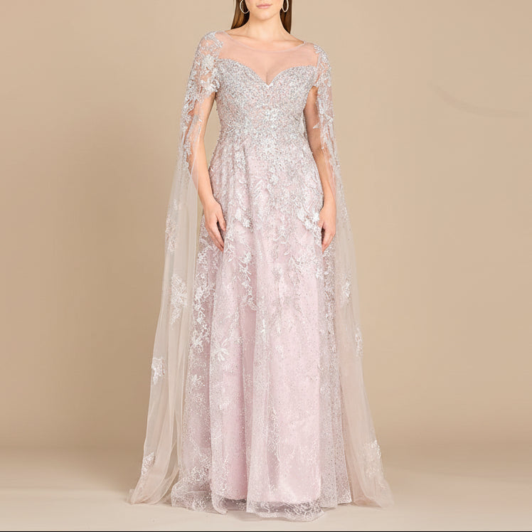 Lace Gown with Cape Sleeves, Sweetheart Neckline | 29300 - JUSTLUXURY