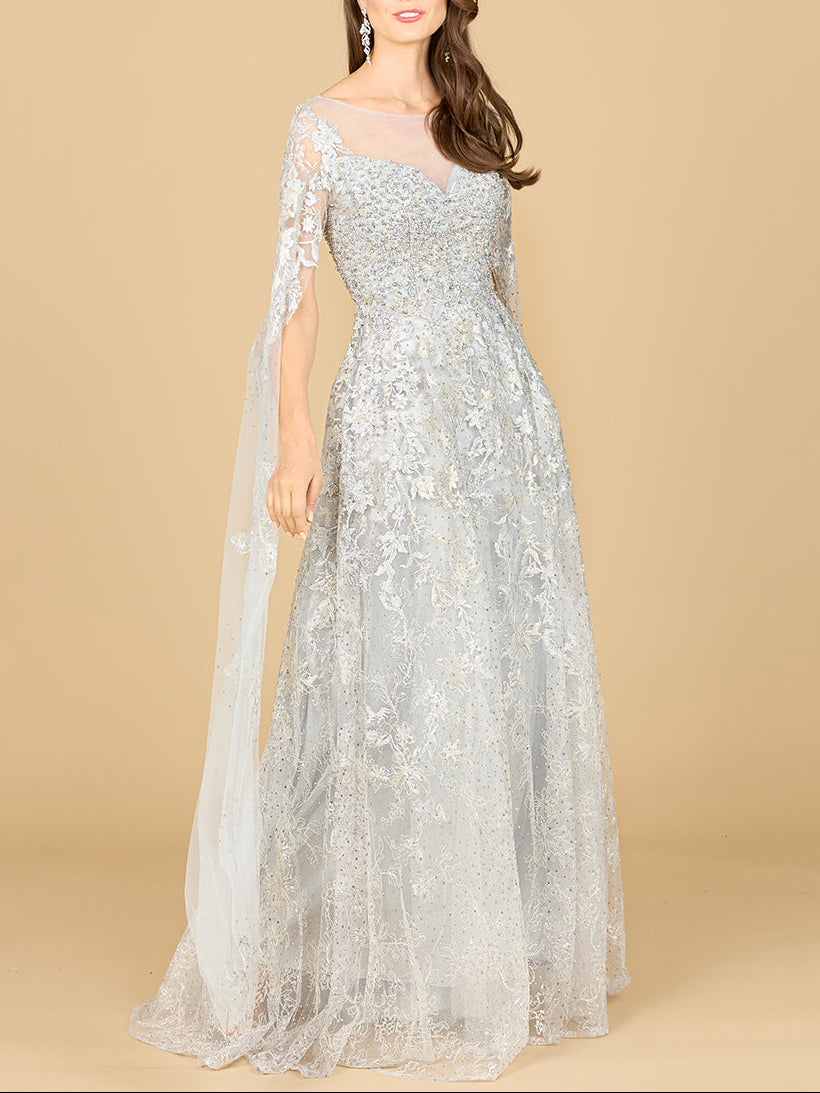 Lace Gown with Cape Sleeves, Sweetheart Neckline | 29300 - JUSTLUXURY