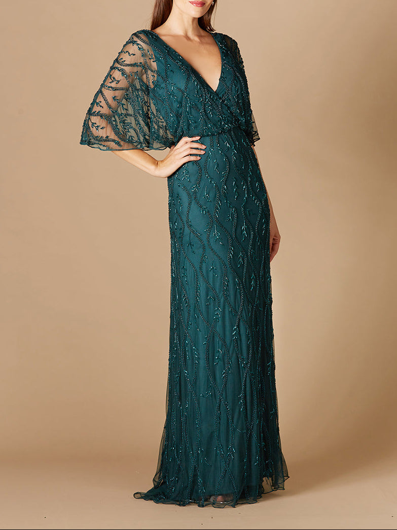 Illusion Cape Sleeve Beaded Gown - JUSTLUXURY