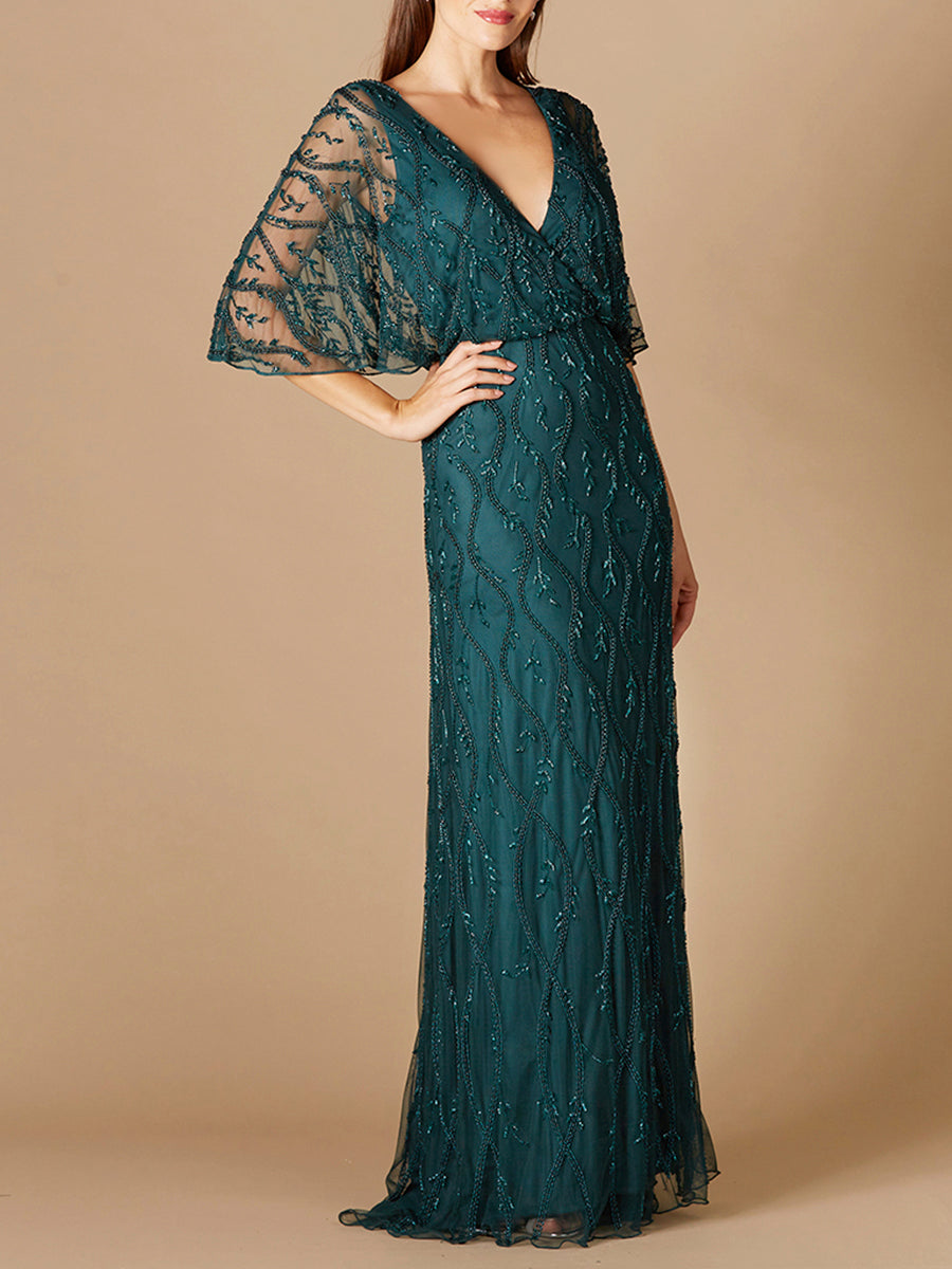 Illusion Cape Sleeve Beaded Gown - JUSTLUXURY