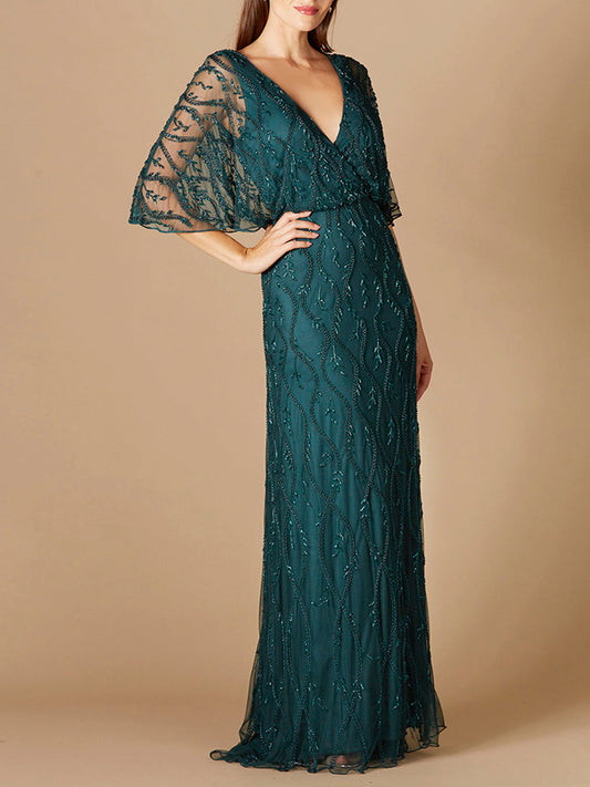 Illusion Cape Sleeve Beaded Gown - JUSTLUXURY