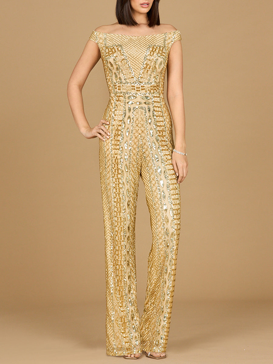 Beaded Off Shoulder Jumpsuit - JUSTLUXURY