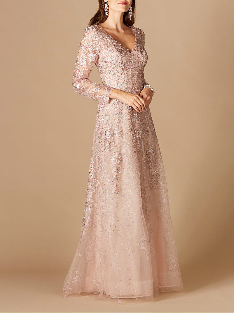 Long Sleeve V-Neck Lace Gown - JUSTLUXURY