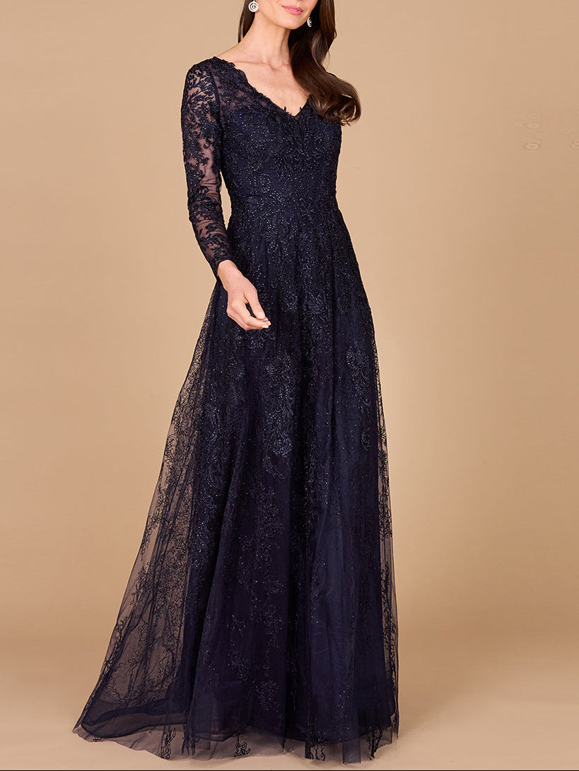 Long Sleeve V-Neck Lace Gown - JUSTLUXURY