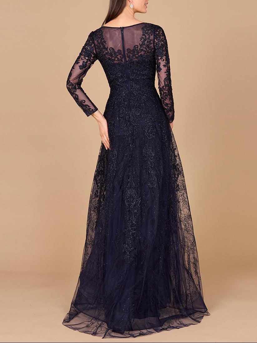 Long Sleeve V-Neck Lace Gown - JUSTLUXURY