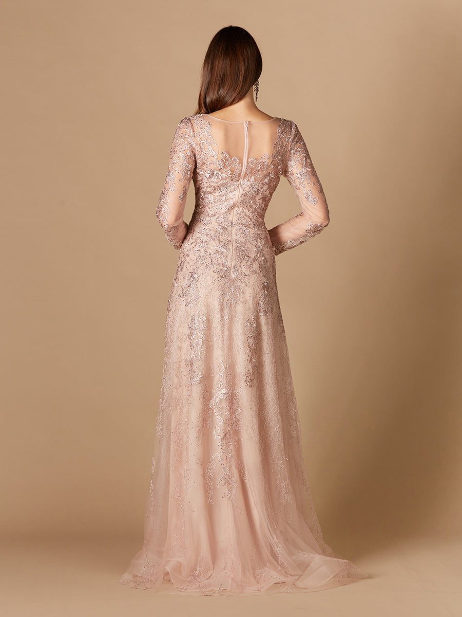 Long Sleeve V-Neck Lace Gown - JUSTLUXURY