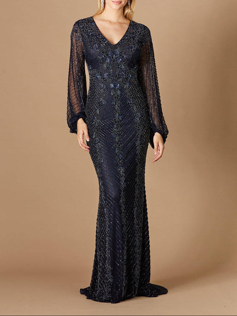 Long Sleeve Beaded Gown with Balloon Sleeves - JUSTLUXURY
