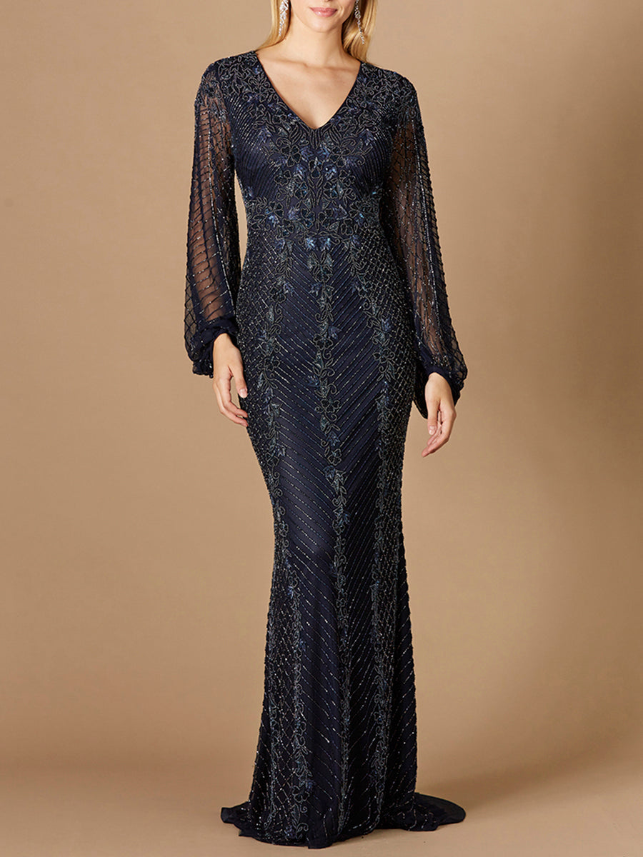 Long Sleeve Beaded Gown with Balloon Sleeves - JUSTLUXURY