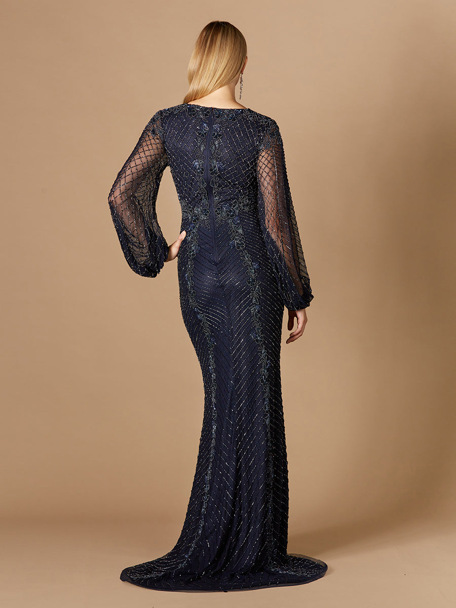 Long Sleeve Beaded Gown with Balloon Sleeves - JUSTLUXURY